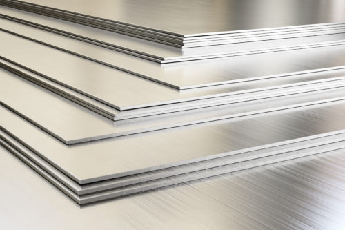 Steel sheets in warehouse, rolled metal product. 3d illustration